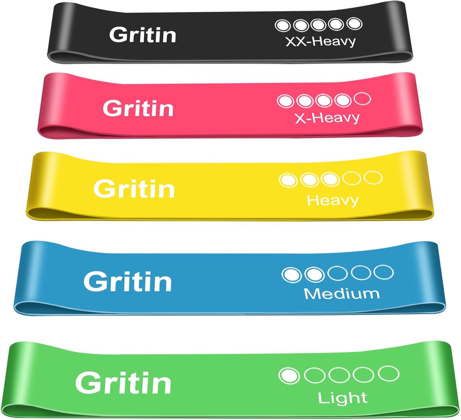 Gritin Resistance Bands Set of 5, Skin-Friendly - 5 Resistance Level Loop Bands - Carrying Storage Case - for Home, Gym, Yoga, Workout