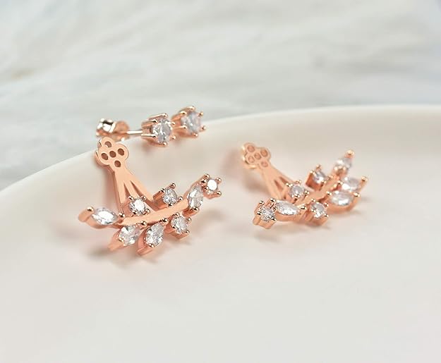 Elensan Rose Gold Leaf Stud Earrings with CZ Crystals for Women Girls, Rose Gold, Cubic Zirconia