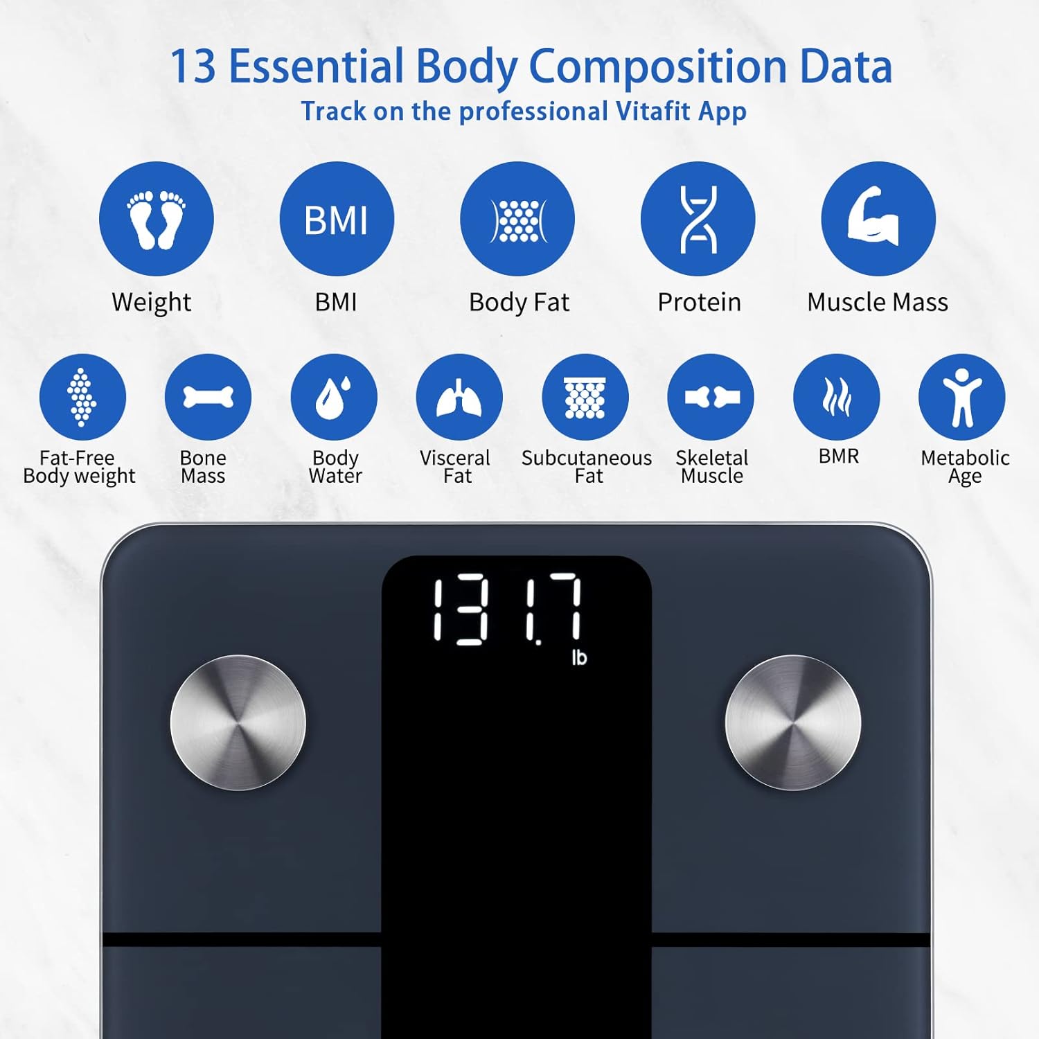 Vitafit Smart Bathroom Scale - Body Weight - Professional Factory Since 2001 - App Sync 13 - Body Composition Including BMI, Body Fat and Muscle - 181.4 kg