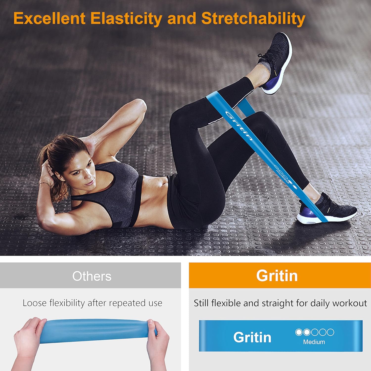 Gritin Resistance Bands Set of 5, Skin-Friendly - 5 Resistance Level Loop Bands - Carrying Storage Case - for Home, Gym, Yoga, Workout